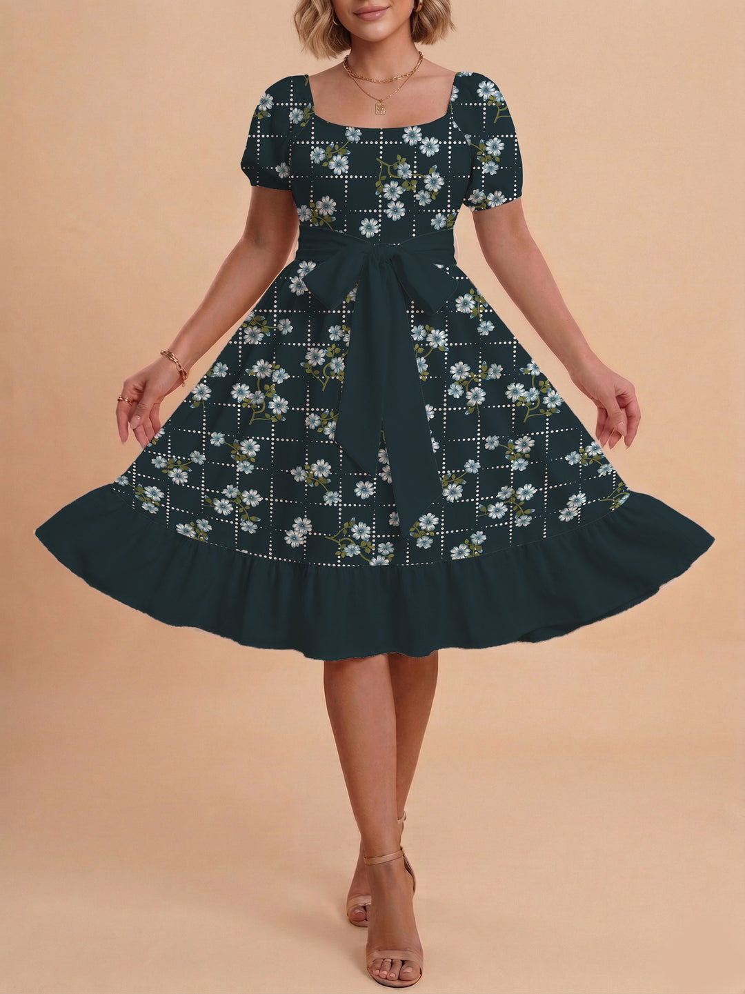 Women's floral dress with adjustable belt and voluminous sleeves Lisslune