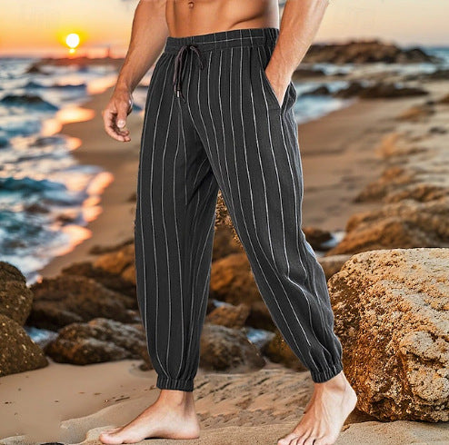 Men's casual leisure pants with elastic waistband and striped pattern Lisslune