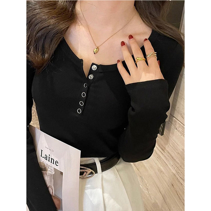 Women's Long Sleeve Shirt with Button Placket and Fine Ribbed Texture