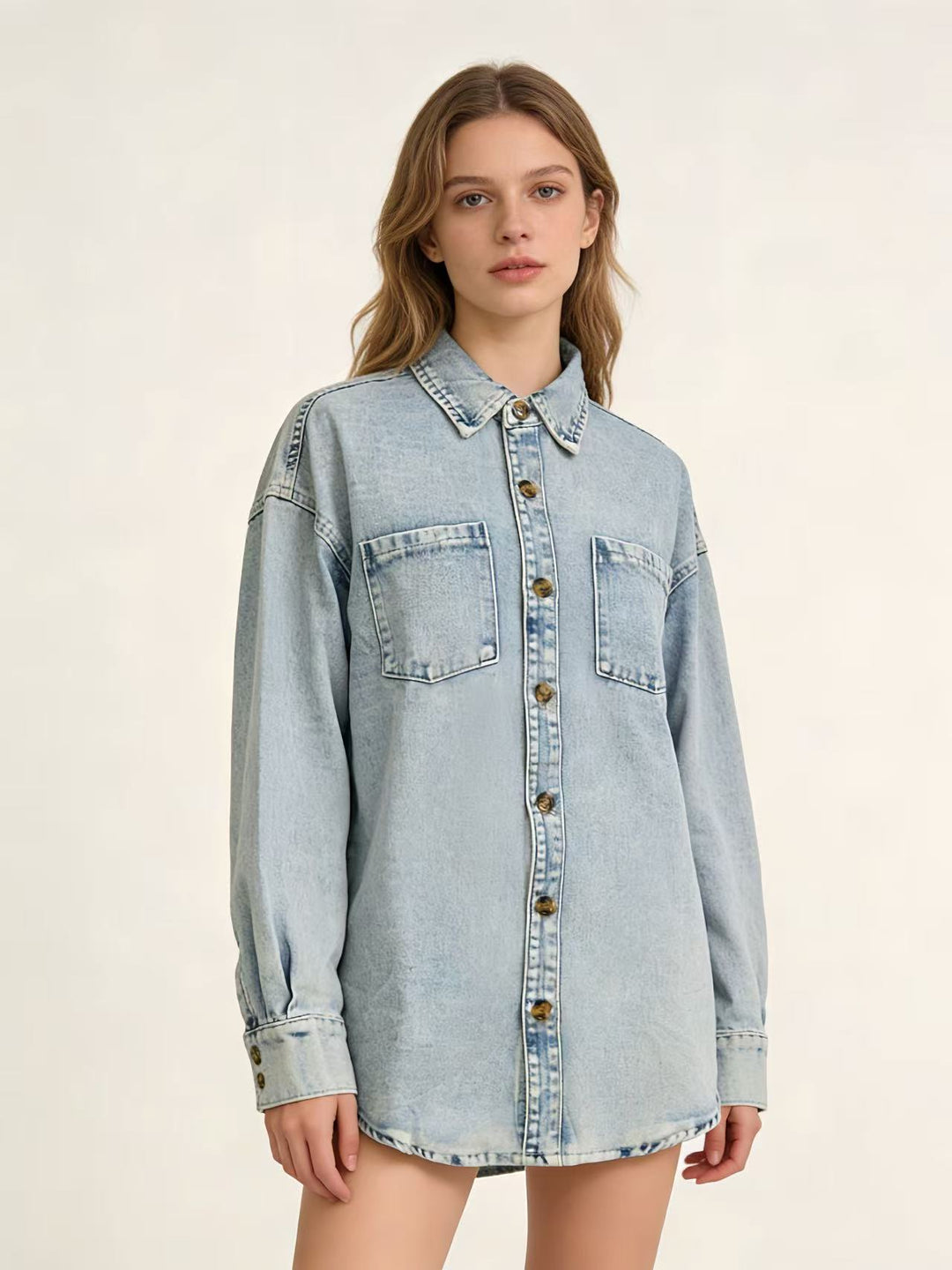 Women's Oversized Denim Shirt with Patch Pockets Lisslune