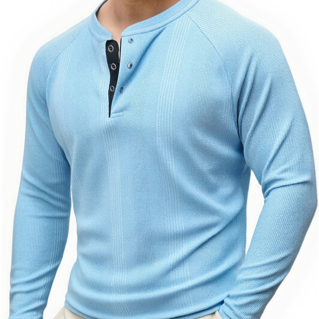 Men's Long Sleeve Henley Shirt with Textured Surface Lisslune