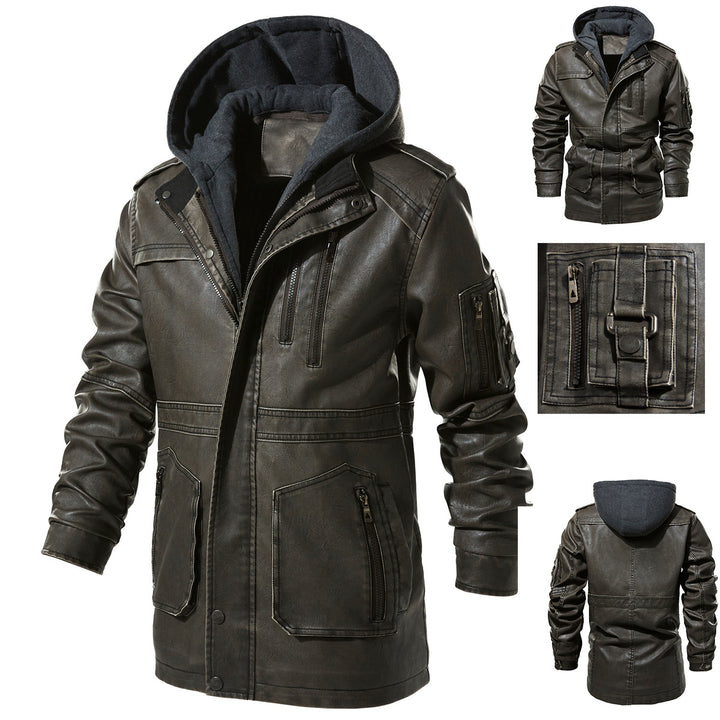 Men's Synthetic Leather Jacket with Hidden Hood Lisslune