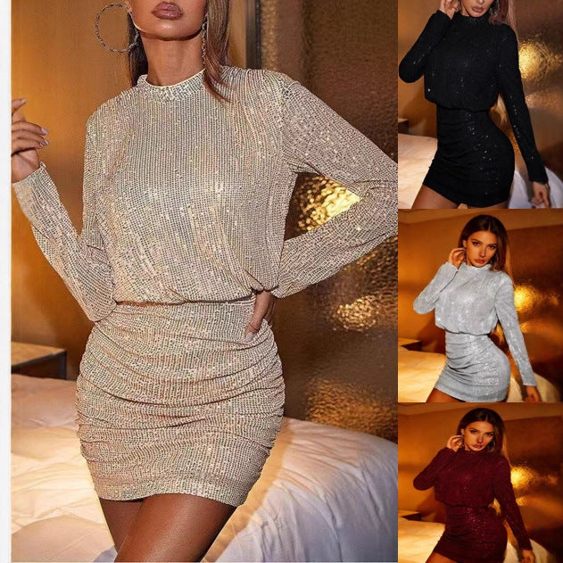 Women's form-fitting short dress with glittering accents and long-sleeved top design Lisslune