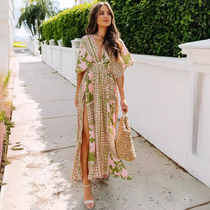 Women's maxi dress with floral wrap design and deep V-neck