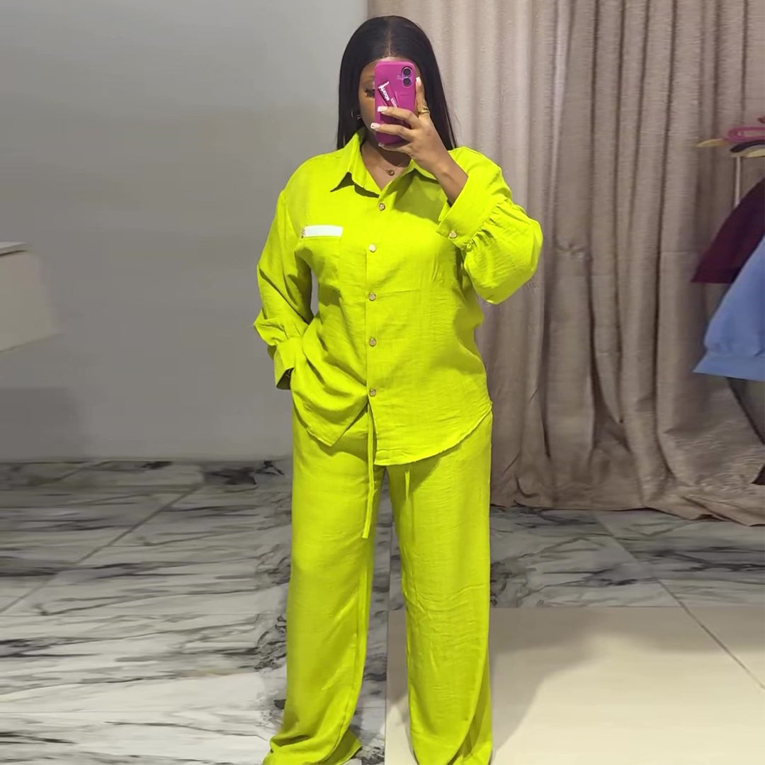 Women's casual two-piece set with long-sleeve blouse and wide pants