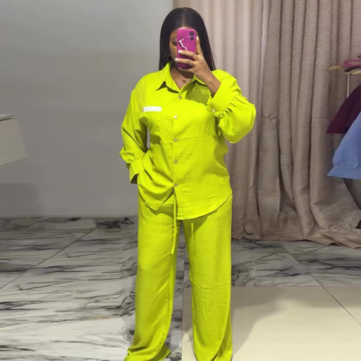 Women's casual two-piece set with long-sleeve blouse and wide pants