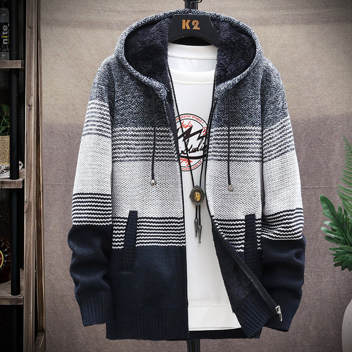 Men's sporty hoodie with warm lining and fashionable stripe pattern Lisslune