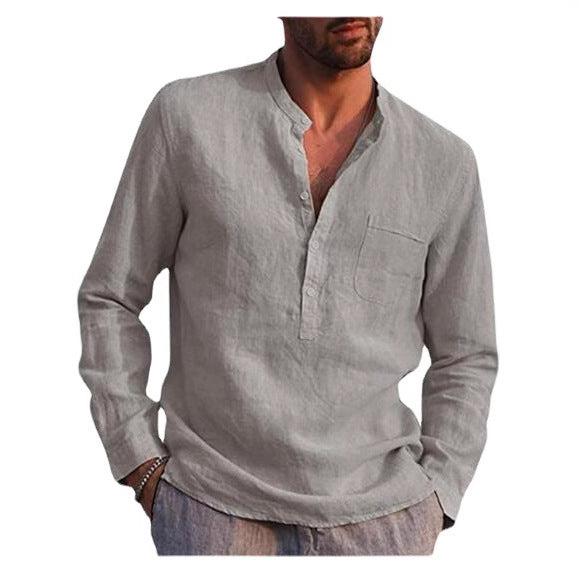 Men's linen shirt with classic Henley neckline and chest pocket Lisslune