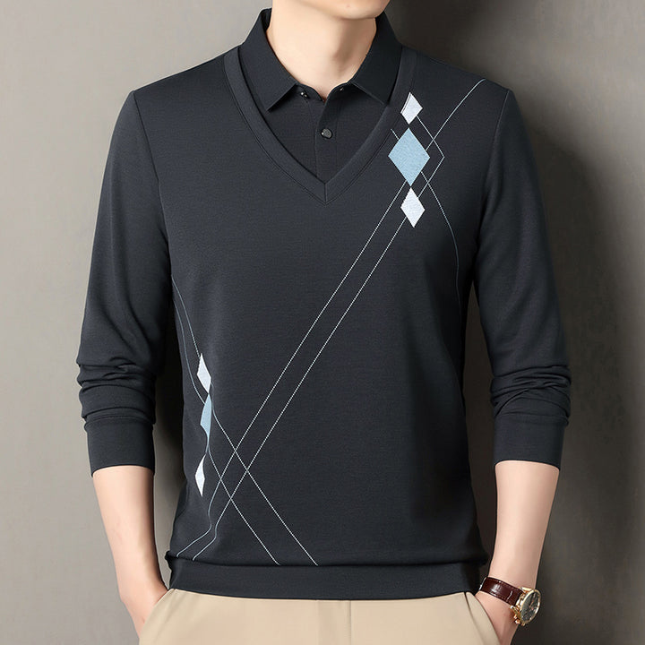 Men's elegant long-sleeved sweater with V-neck and modern pattern Lisslune