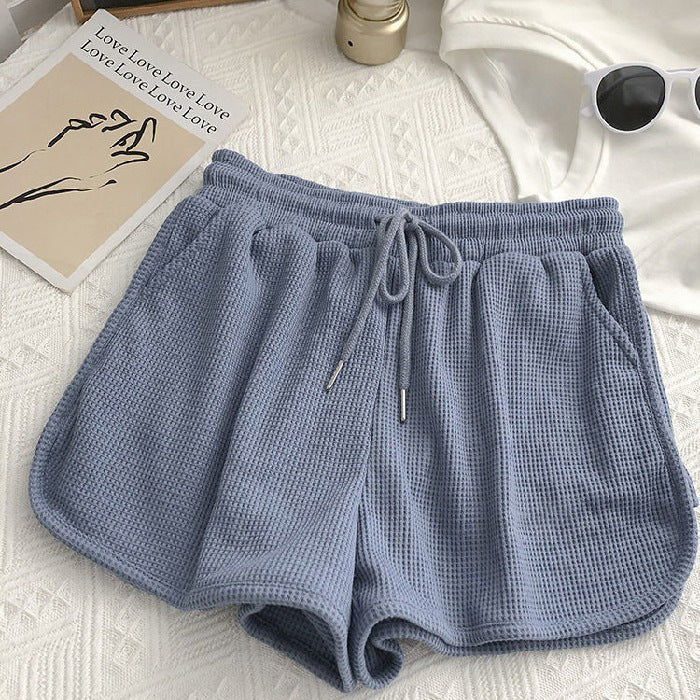 Women's casual waffle texture shorts with adjustable drawstring and elastic waistband