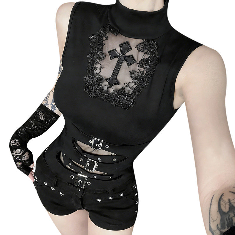 Women's Gothic body with decorative lace and cross design and fitted silhouette