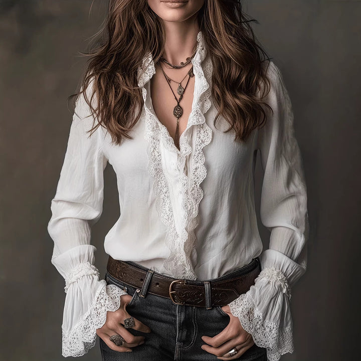 Damen elegante Bluse mit Rüschendetails und Spitzenbesatz Lisslune