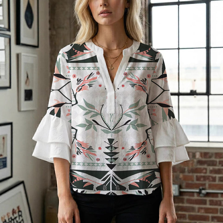 Women's casual blouse with ruffled sleeves and botanical print Lisslune