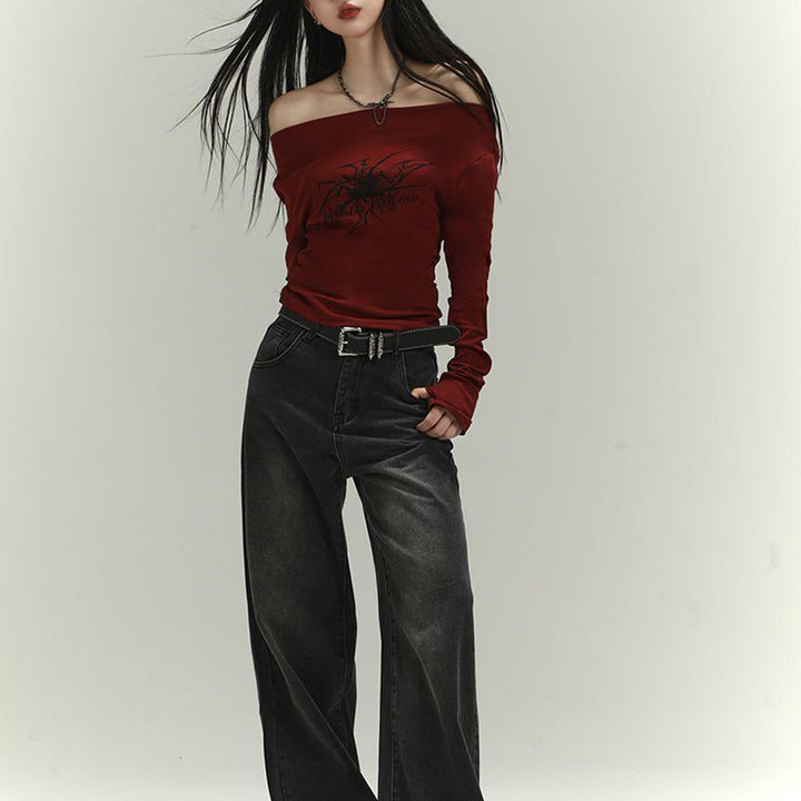Women's long sleeve shirt with asymmetric neckline and graphic print