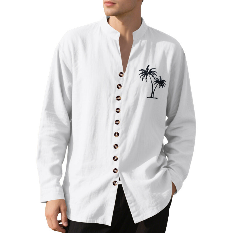 Men's long-sleeve shirt with embroidered palm motif and button placket Lisslune