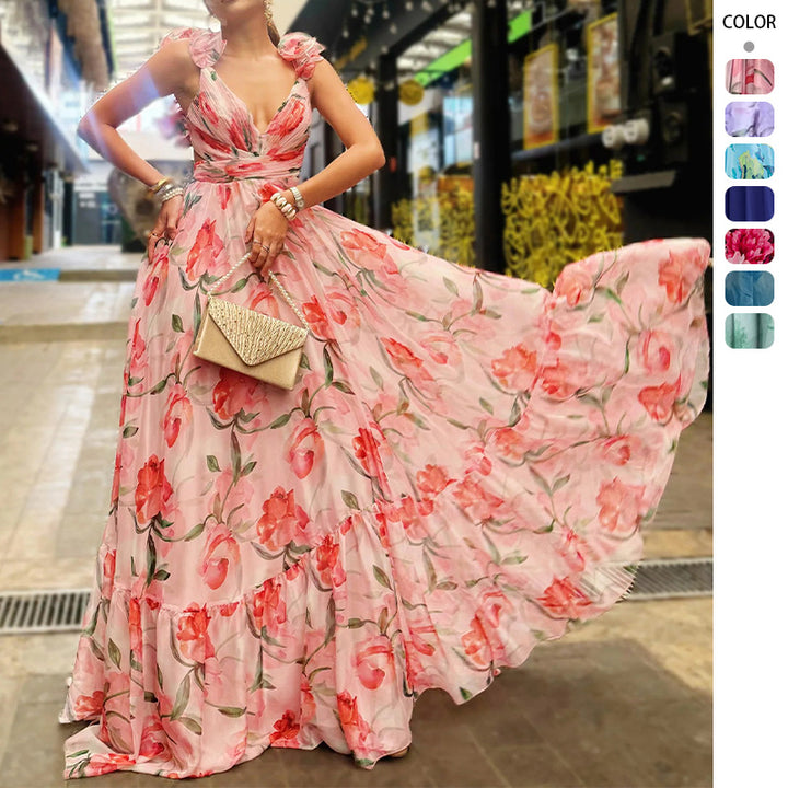 Women's maxi dress with airy ruffle details and extravagant wrap design