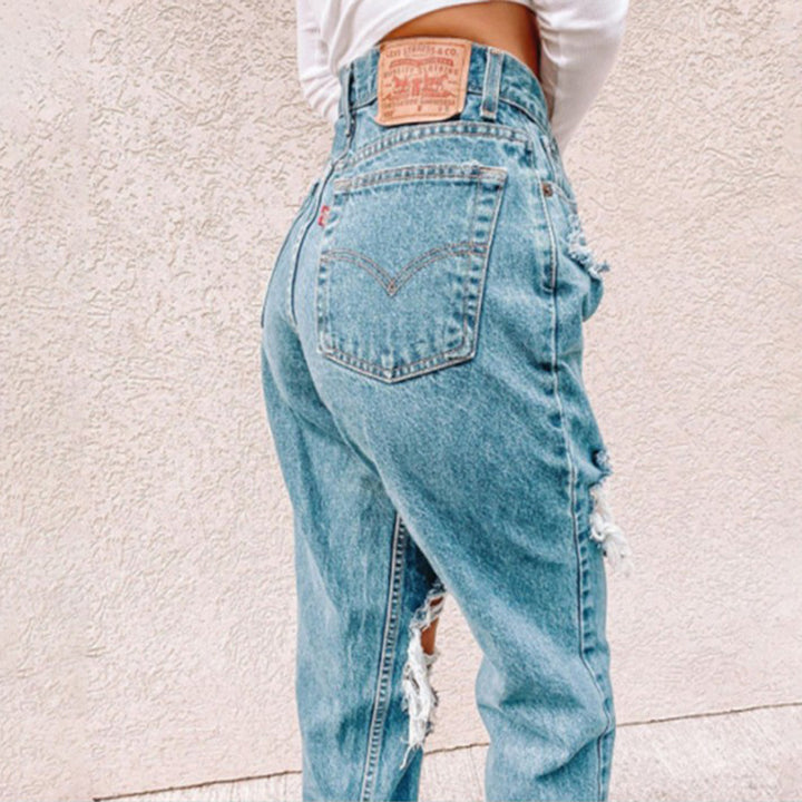 Damen Vintage High-Waist Destroyed Jeans mit fransigen Details Lisslune
