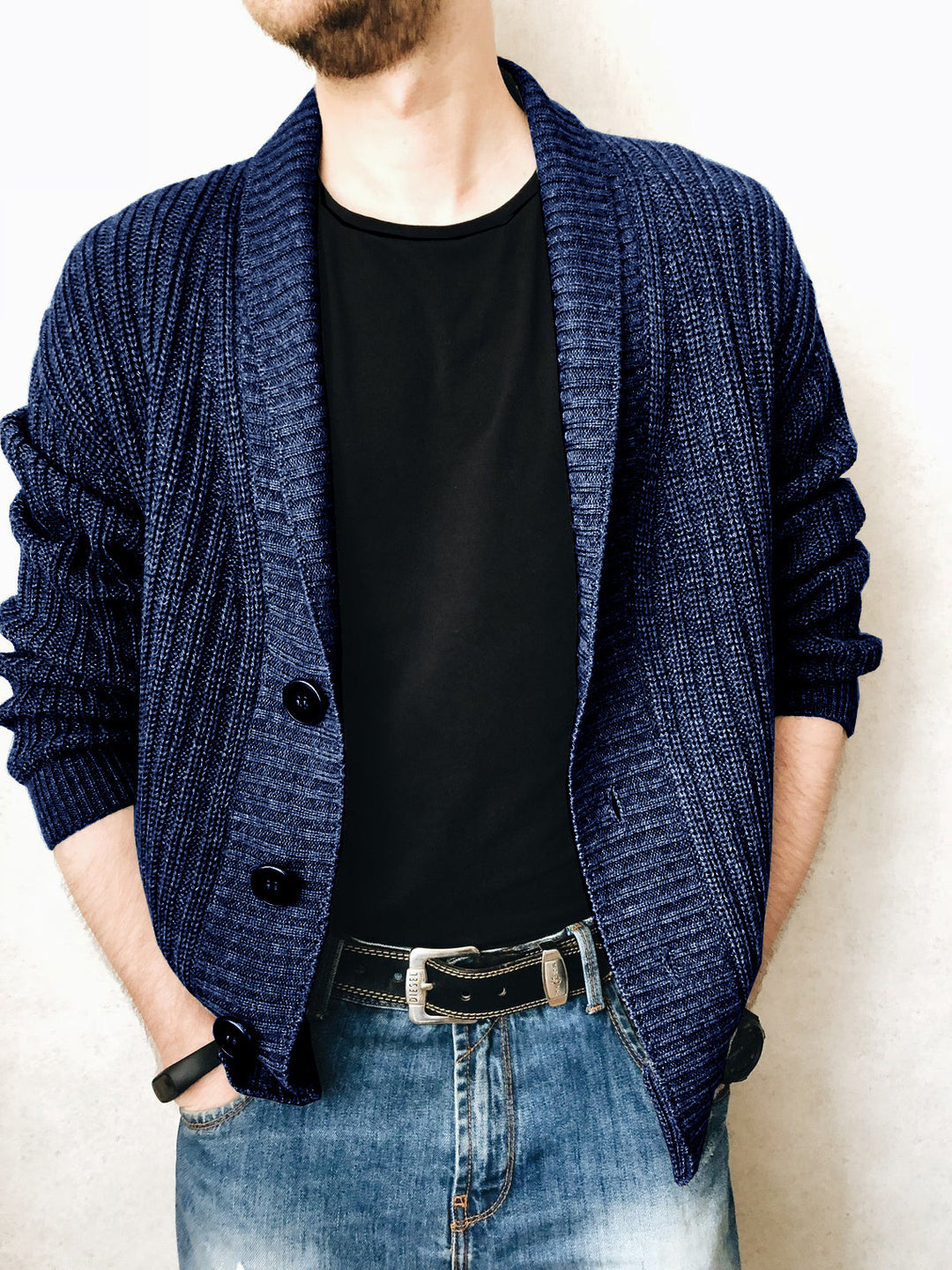 Men's cardigan with large collar and decorative buttons Lisslune