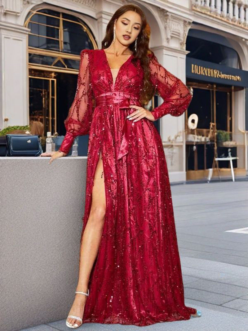 Ladies Glamorous Evening Dress with Shimmering Sequins and Deep Slit
