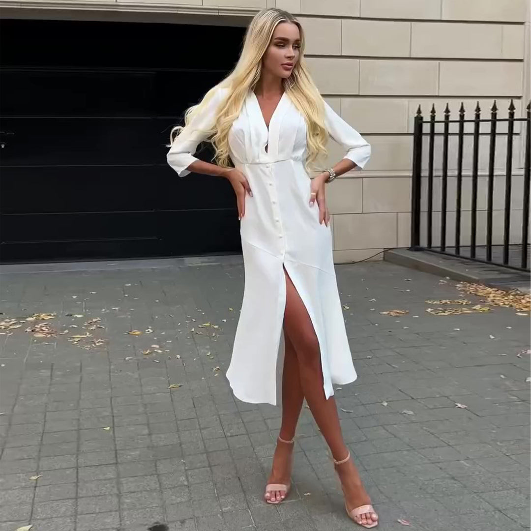 Women's shirt dress with elegant V-neck and button placket