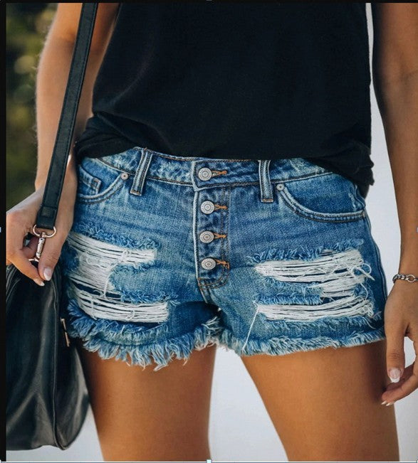 Women's casual destroyed denim shorts with button details and frayed hem Lisslune