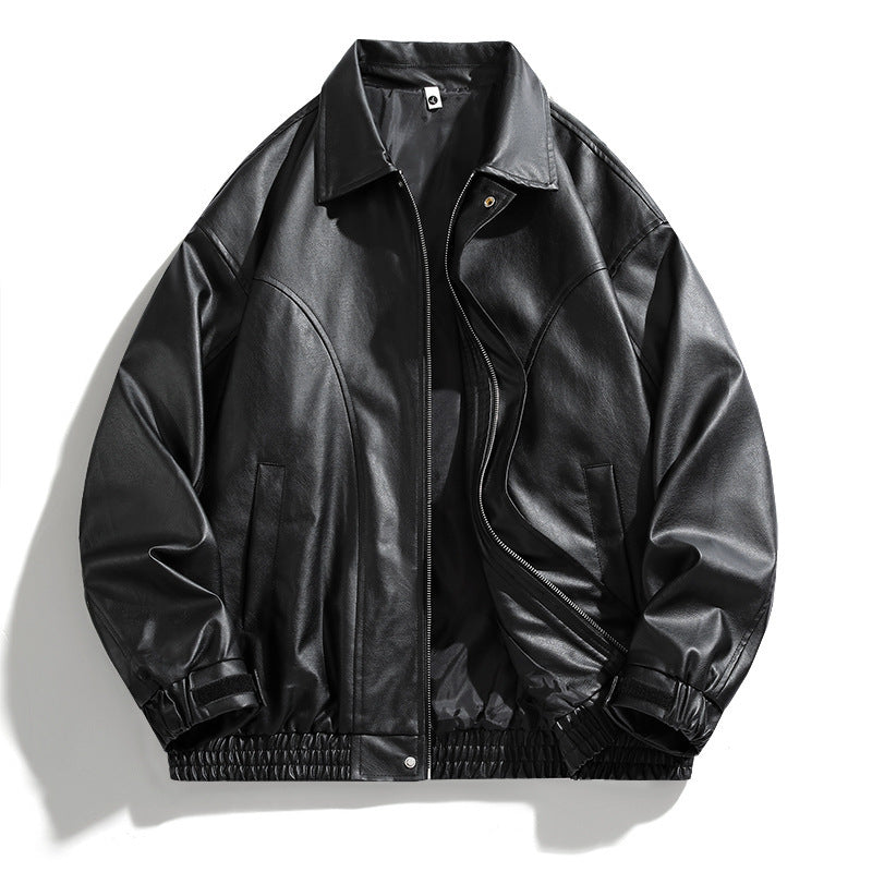 Men's Synthetic Leather Jacket with Elastic Waistband and Practical Side Pockets Lisslune