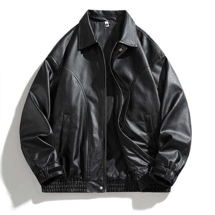 Men's Synthetic Leather Jacket with Elastic Waistband and Practical Side Pockets Lisslune