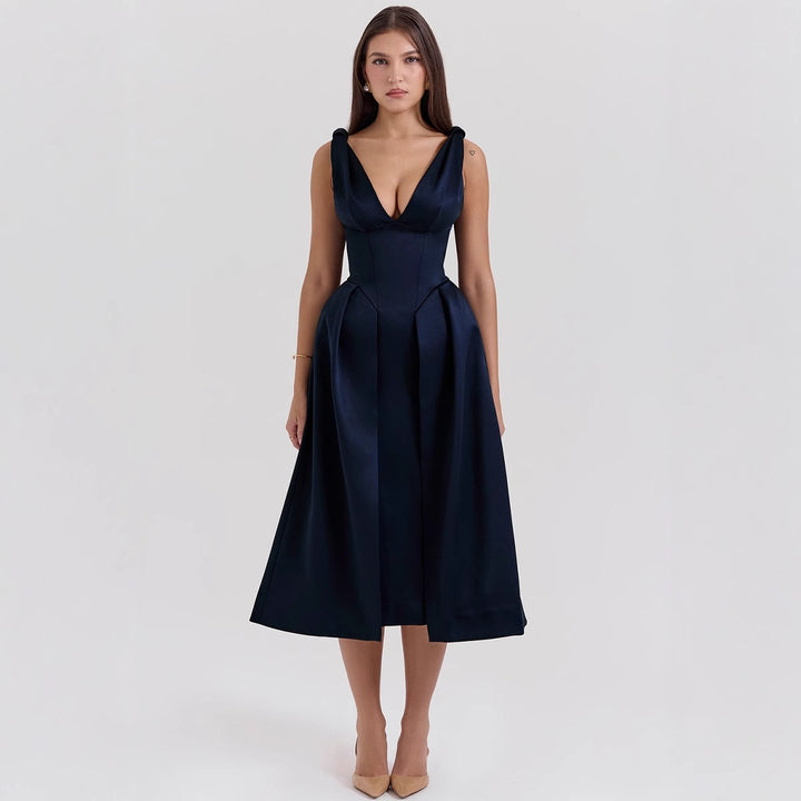 Women's Elegant Wrap Dress with Deep V-Neck and Flared Skirt Lisslune