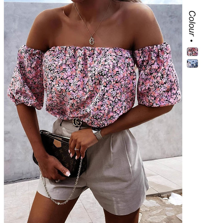 Ladies Off-Shoulder Blouse with Voluminous Puff Sleeves and Floral Pattern Lune London