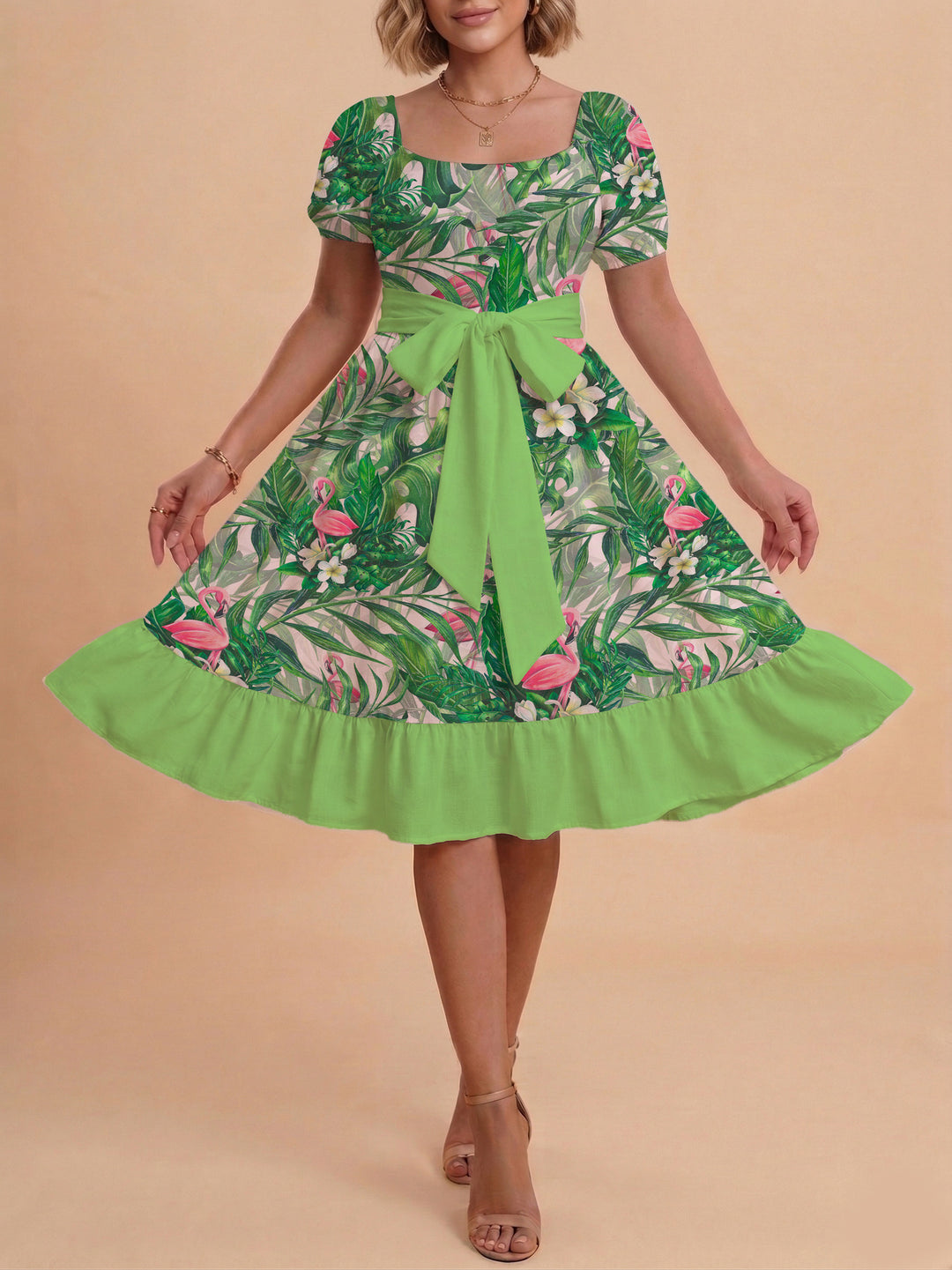 Women A-line dress with floral motifs and adjustable belt Lisslune