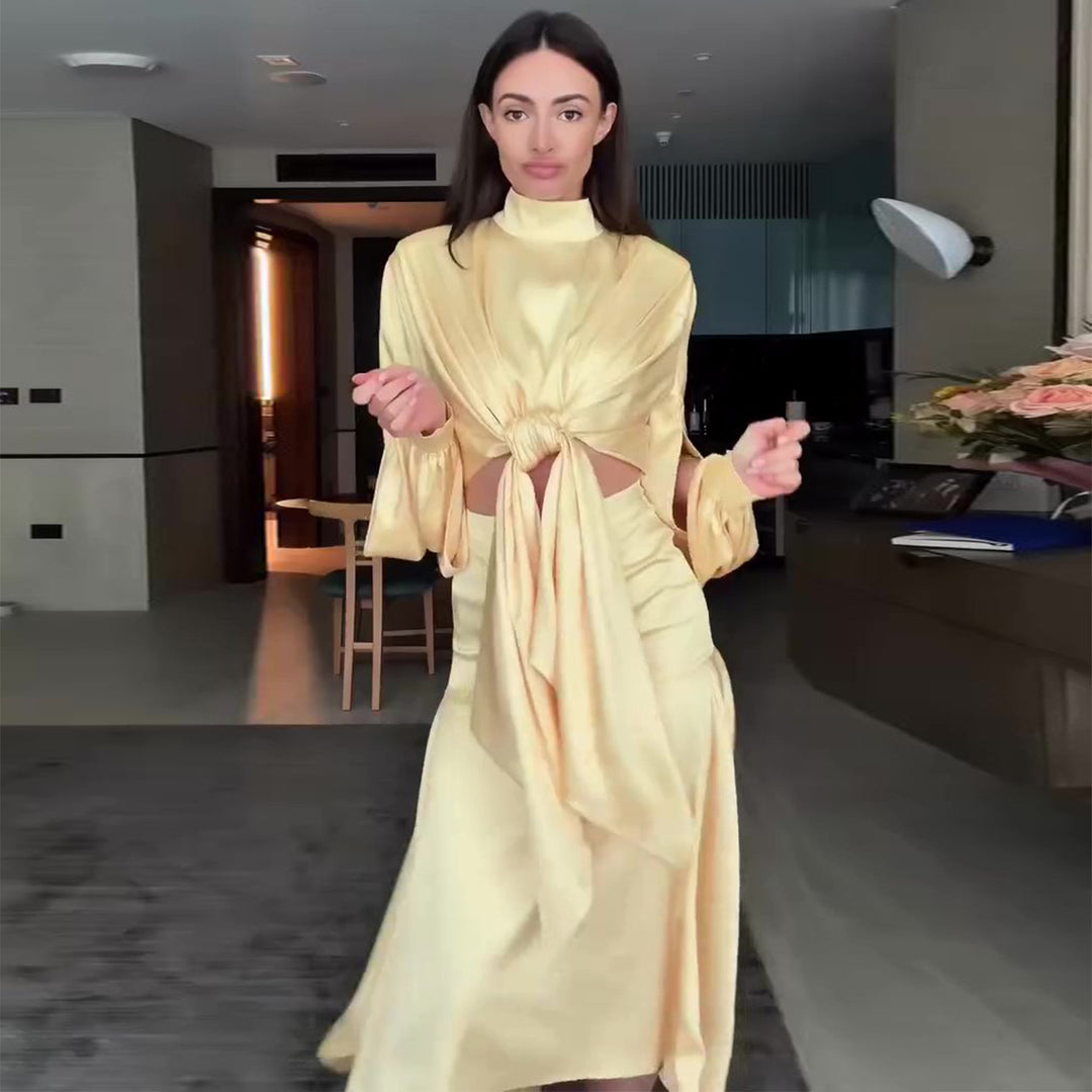 Women's elegant wrap dress with fashionable cut-out details and voluminous sleeves Lisslune
