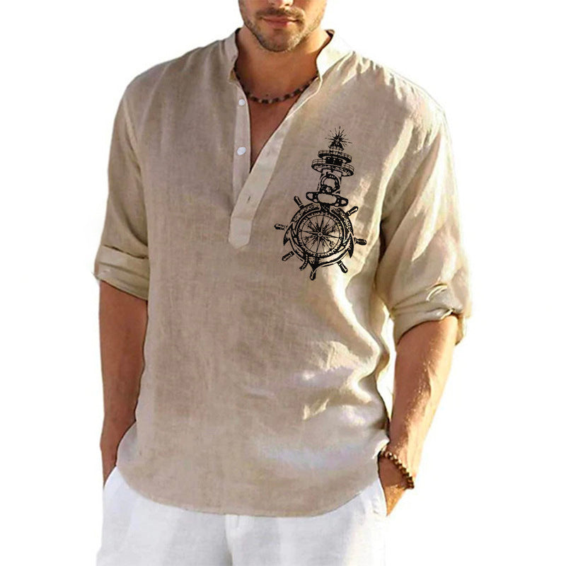 Men's linen shirt with maritime steering wheel design Lisslune