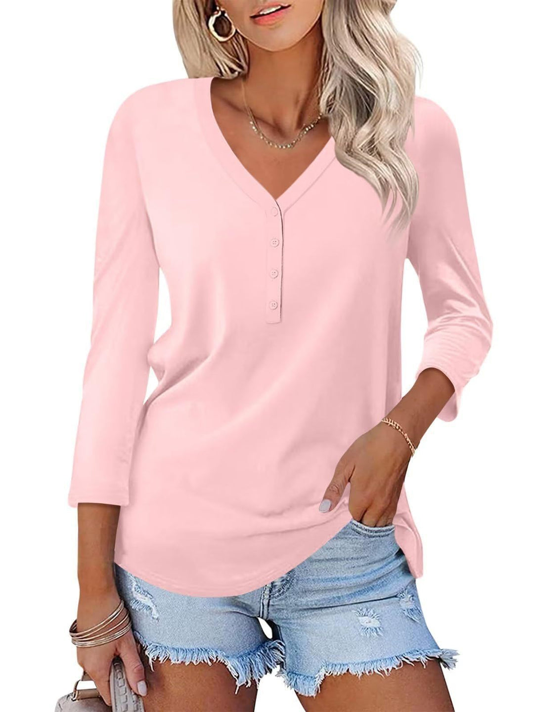 Women Long Sleeve Shirt with Button Placket and V-Neck Lisslune