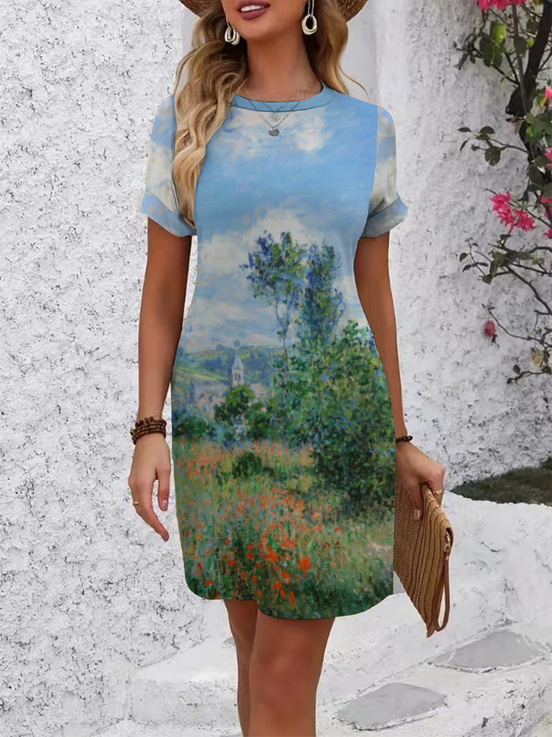 Women's Casual Short Sleeve Dress with Creative Geometric Pattern Lisslune