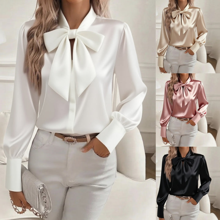 Damen elegante Satinbluse mit Schleifenkragen und Puffärmeln Lisslune
