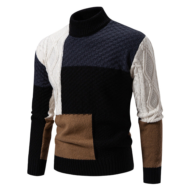 Men's fashionable chunky knit sweater with high collar and textured color block design Lisslune