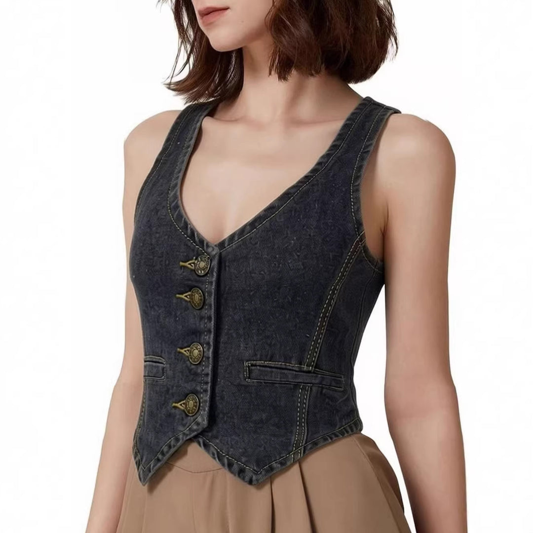 Women's Denim Bustier Top with Button Details and Extended Silhouette Lisslune