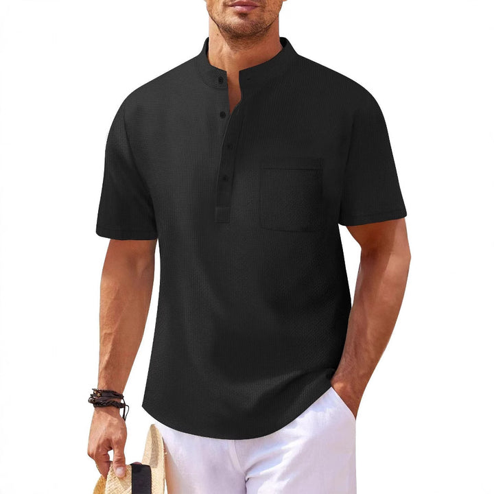 Men's Short Sleeve Shirt with Modern Stand Collar and Subtle Texture Lisslune