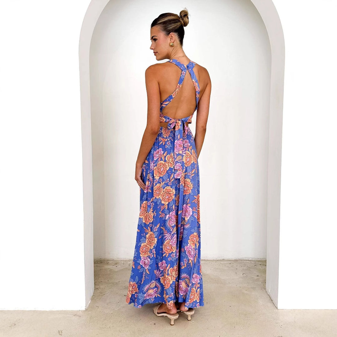 Women’s maxi dress with elegant floral design and flowing skirt