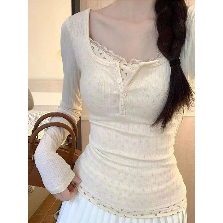 Women's Long Sleeve Shirt with Decorative Button Placket Design and Delicate Rib Knit Details
