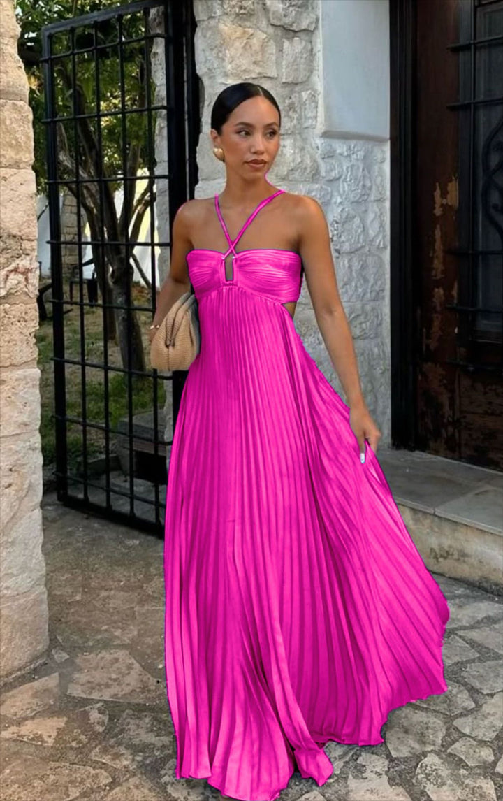 Women's pleated dress with off-the-shoulder design and refined strap details