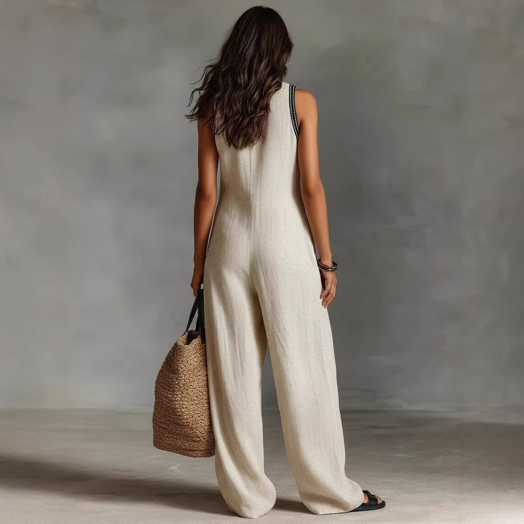 Women's airy jumpsuit with elegant V-neckline and embroidered collar Lisslune