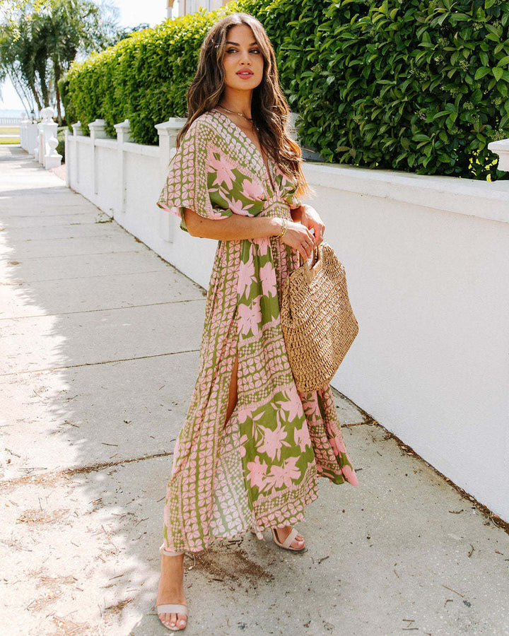 Women's maxi dress with floral wrap design and deep V-neck