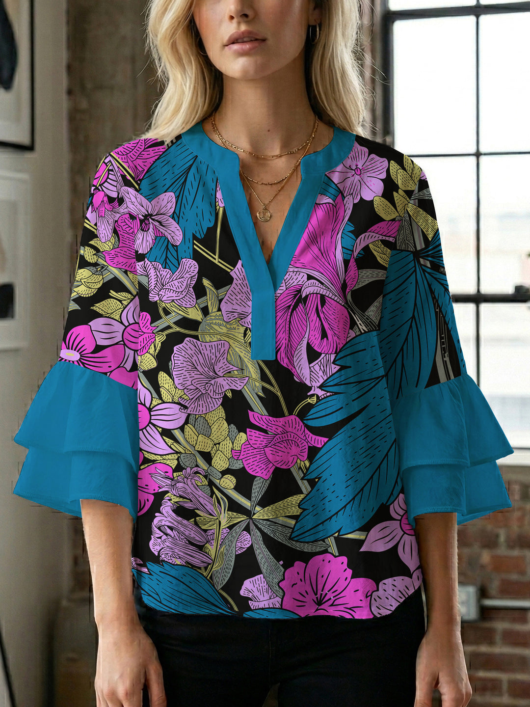 Women's blouse shirt with voluminous sleeves and floral pattern Lisslune