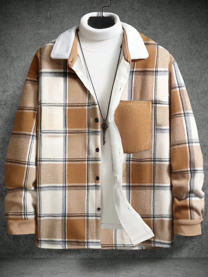 Men's Casual Flannel Jacket with Checkered Pattern and Patch Pocket Lisslune