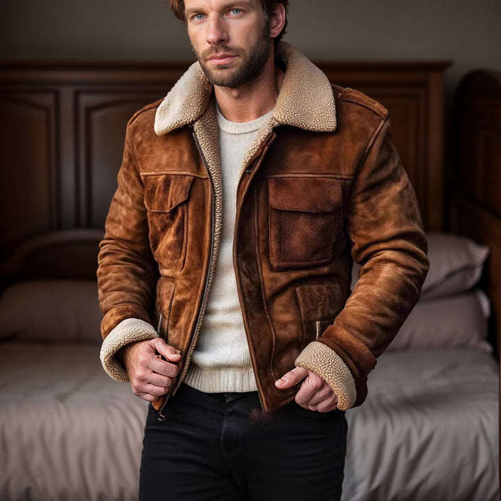 Men's leather jacket with warm Sherpa lining and practical pockets Lisslune