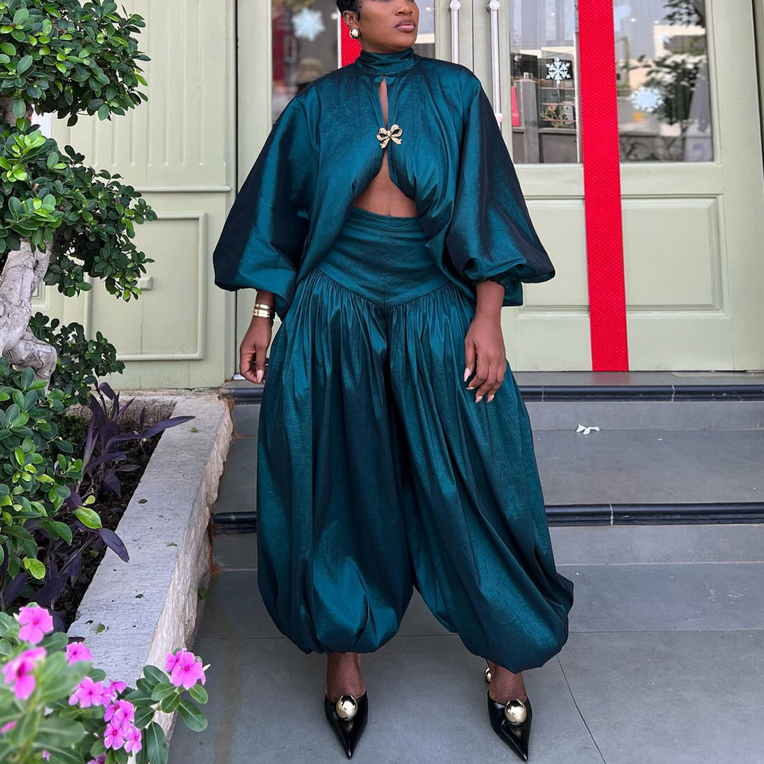 Women's Elegant Ensemble with Ruffle and Wide-Cut Top