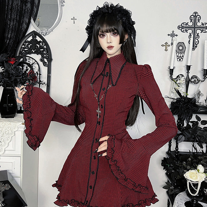 Ladies chic mini dress with ruffled sleeves and decorative collar Lune London