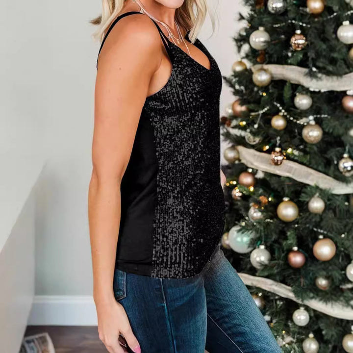 Ladies Sparkling Spaghetti Strap Top with V-Neck Lisslune