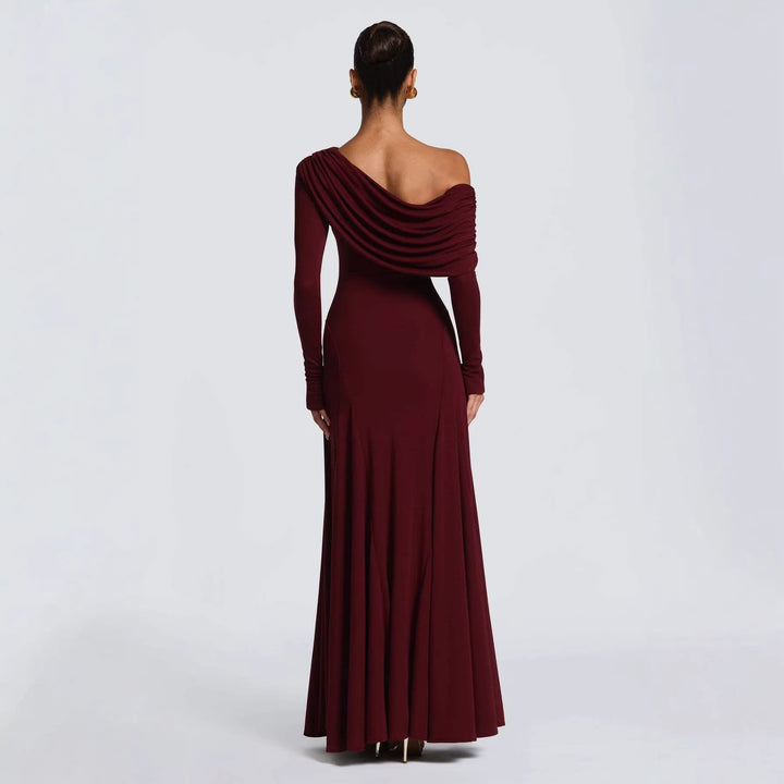 Women Elegant Long Sleeve Maxi Dress with Asymmetrical Draping Detail Lisslune